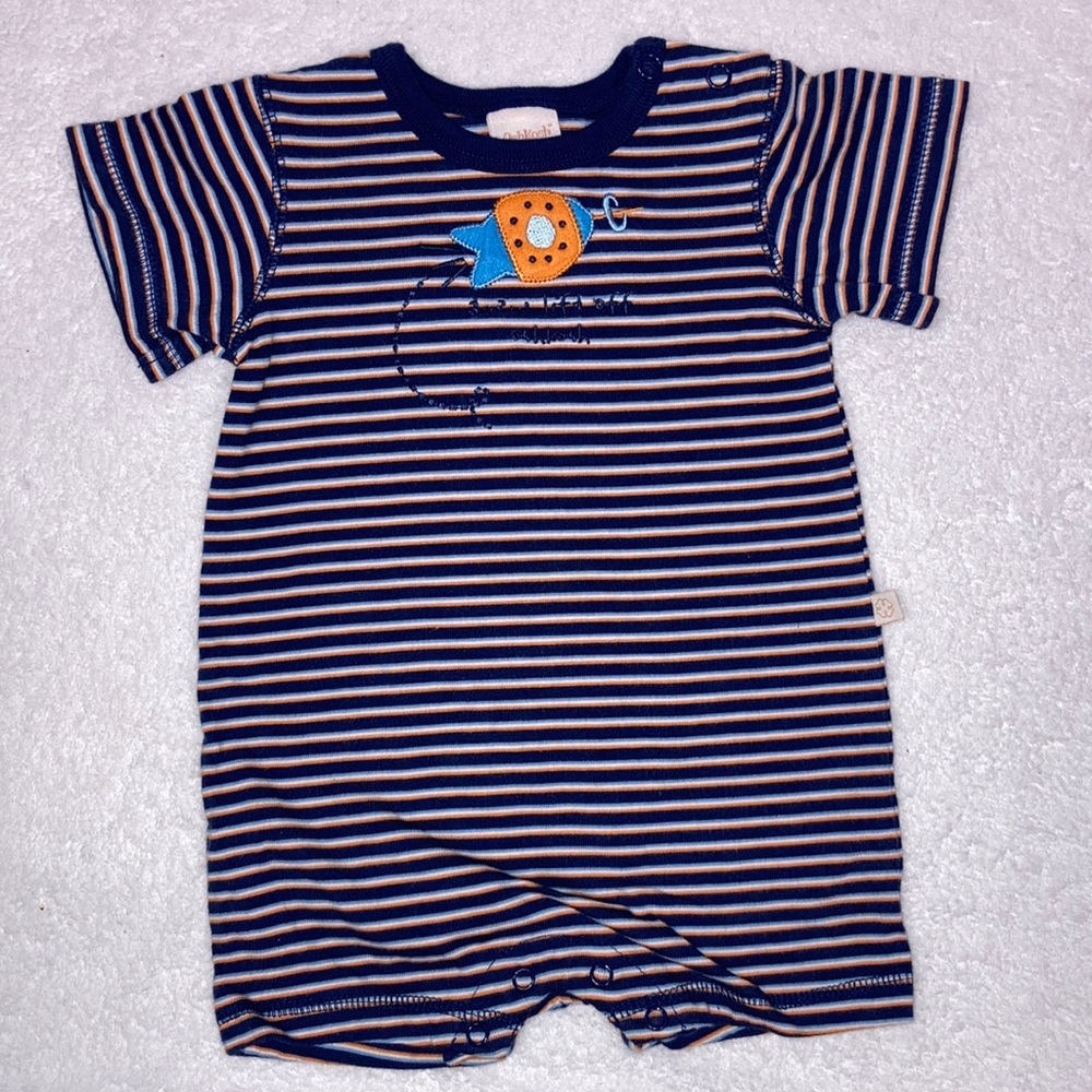 5/$20 Oshkosh striped navy 3,2,1 lift off space rocket ship summer romper 3/6m